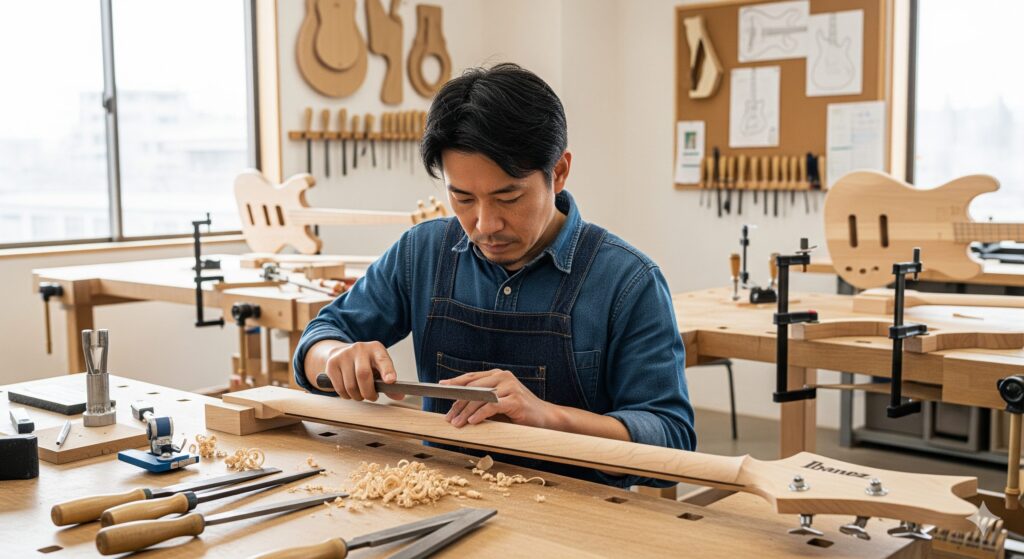 日本の熟練した職人が、精密な工具を使ってアイバニーズベースのネックを丁寧に仕上げている、明るい工房での横長の一場面。