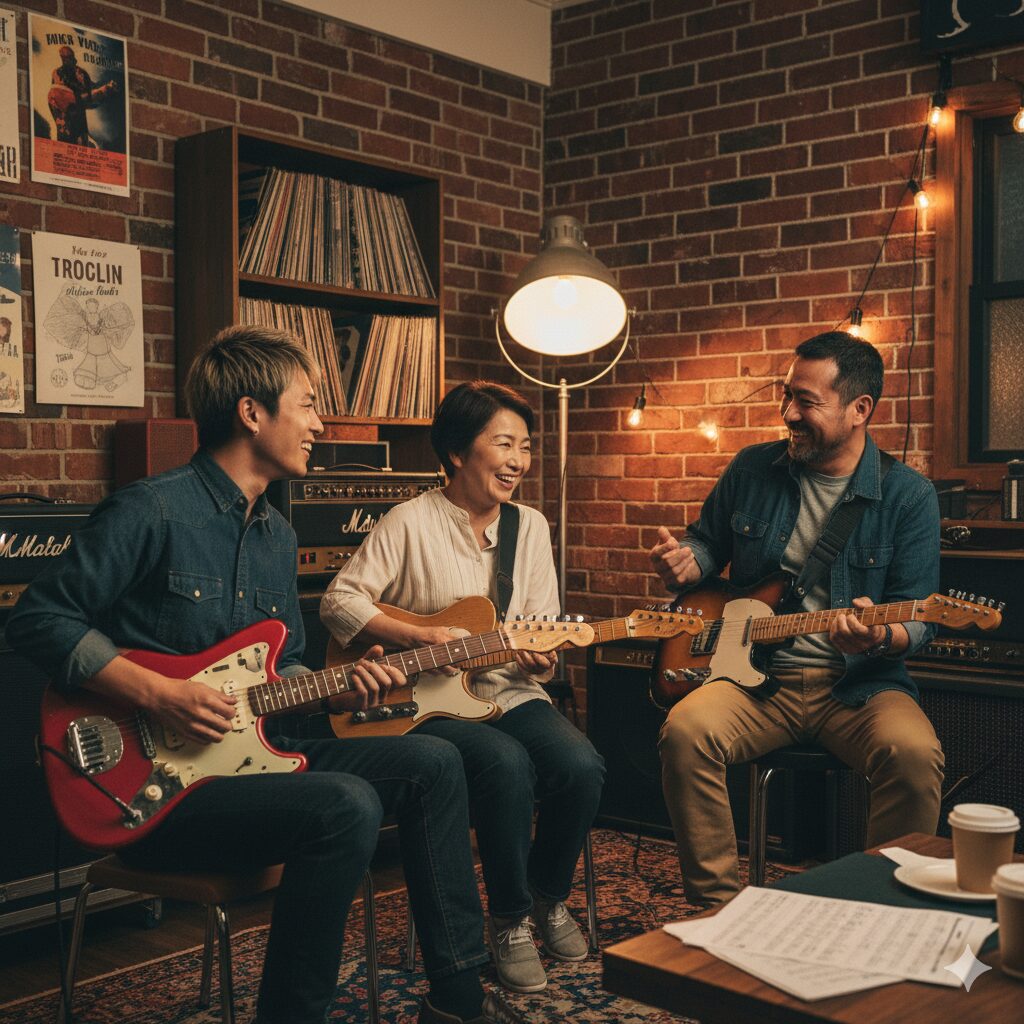 音楽スタジオで、様々な年代の日本人ギタリストたちが、それぞれのギター（スクワイヤーを含む）を持ち寄って楽しそうに会話している場面。