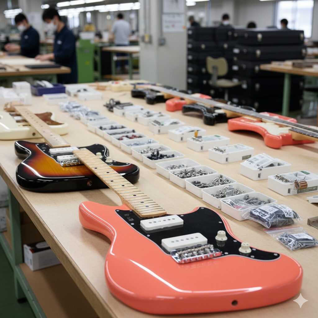 清潔なギター工場の作業台の上に、ジャズマスターのボディ、ネック、ピックアップ、ブリッジなどのパーツが整然と並べられている構図。