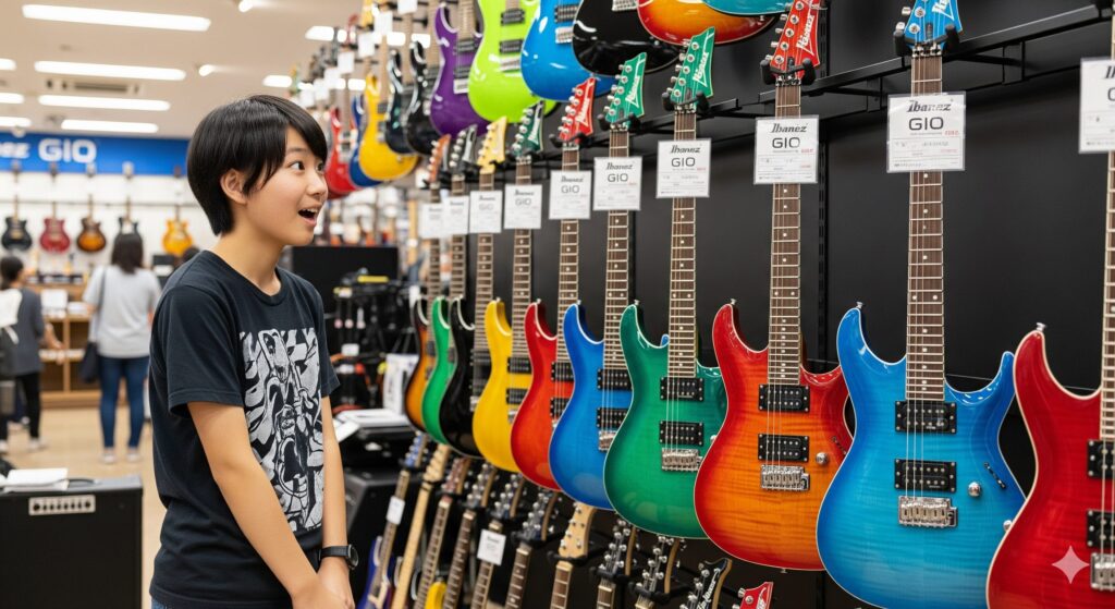 楽器店の店内で、壁一面に陳列された色とりどりのエレキギターを、若い日本人の少年が目を輝かせて見つめている。