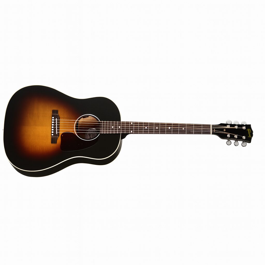 alt="エピフォン J-45 アコースティックギターを横向きに撮影した画像。クラシックなサンバースト仕上げと丸みを帯びたボディが特徴的なモデル。"
