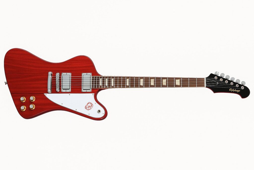エピフォン ファイヤーバード 1963年モデルをペリーレッドに仕上げたデジタルイメージ。特徴的なリバースボディとミニハムバッカーピックアップ、白いピックガードが際立つギター。
