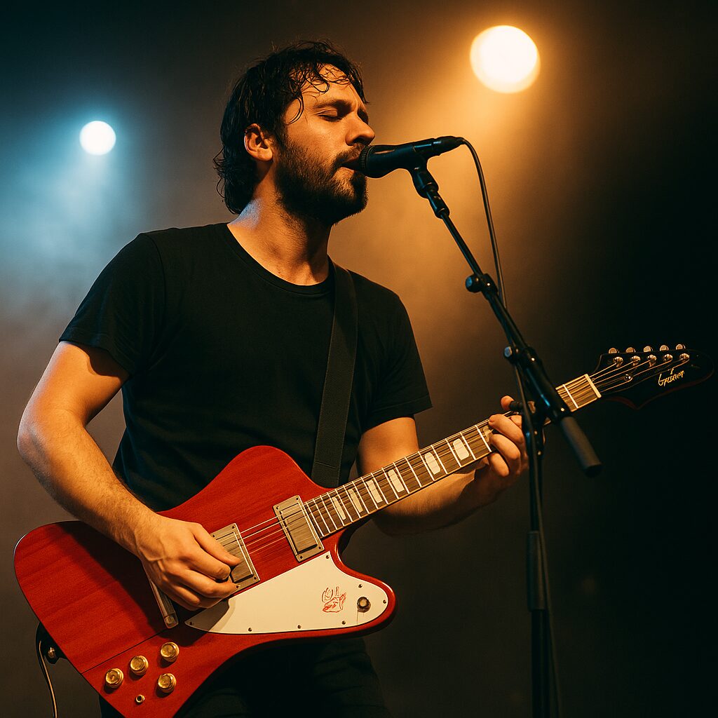 「ステージ上でエピフォンFirebird Perry Redを演奏する男性ギタリスト。マーシャルアンプが後方に設置され、ライブ照明が演奏シーンを照らしている。」