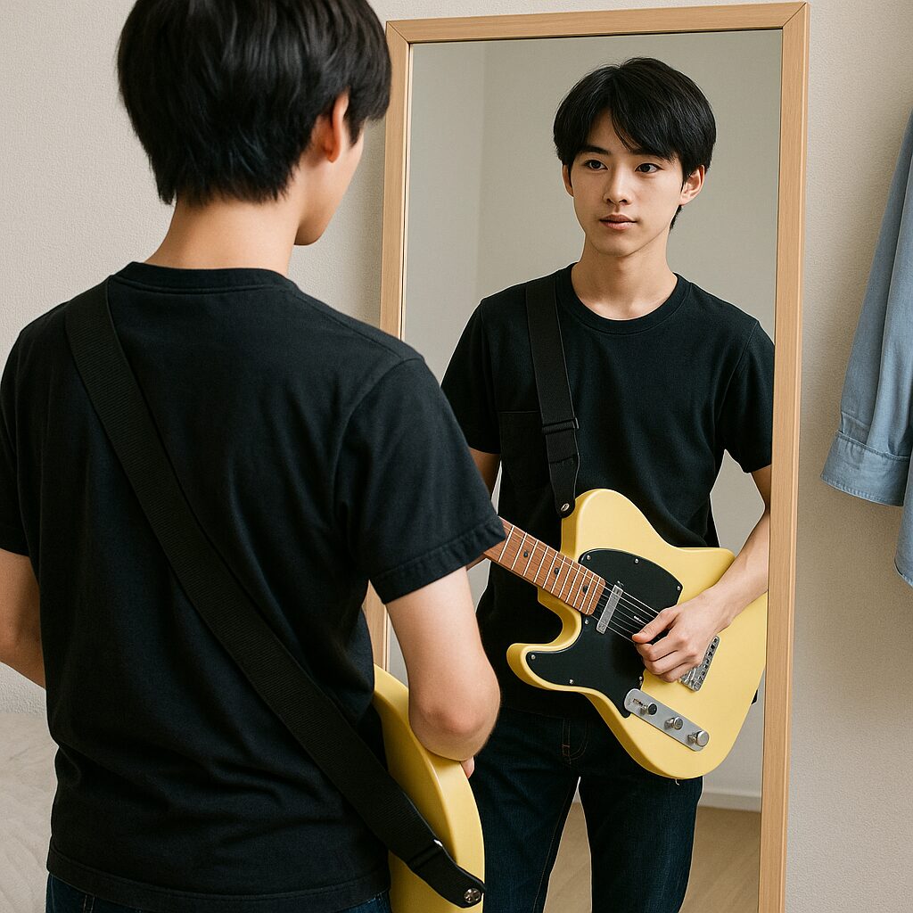 自室でバッカステレキャスターを構えて立つ1日本人男性を背後から捉え、鏡には端正な顔立ちの本人とギターがしっかりと映っている。