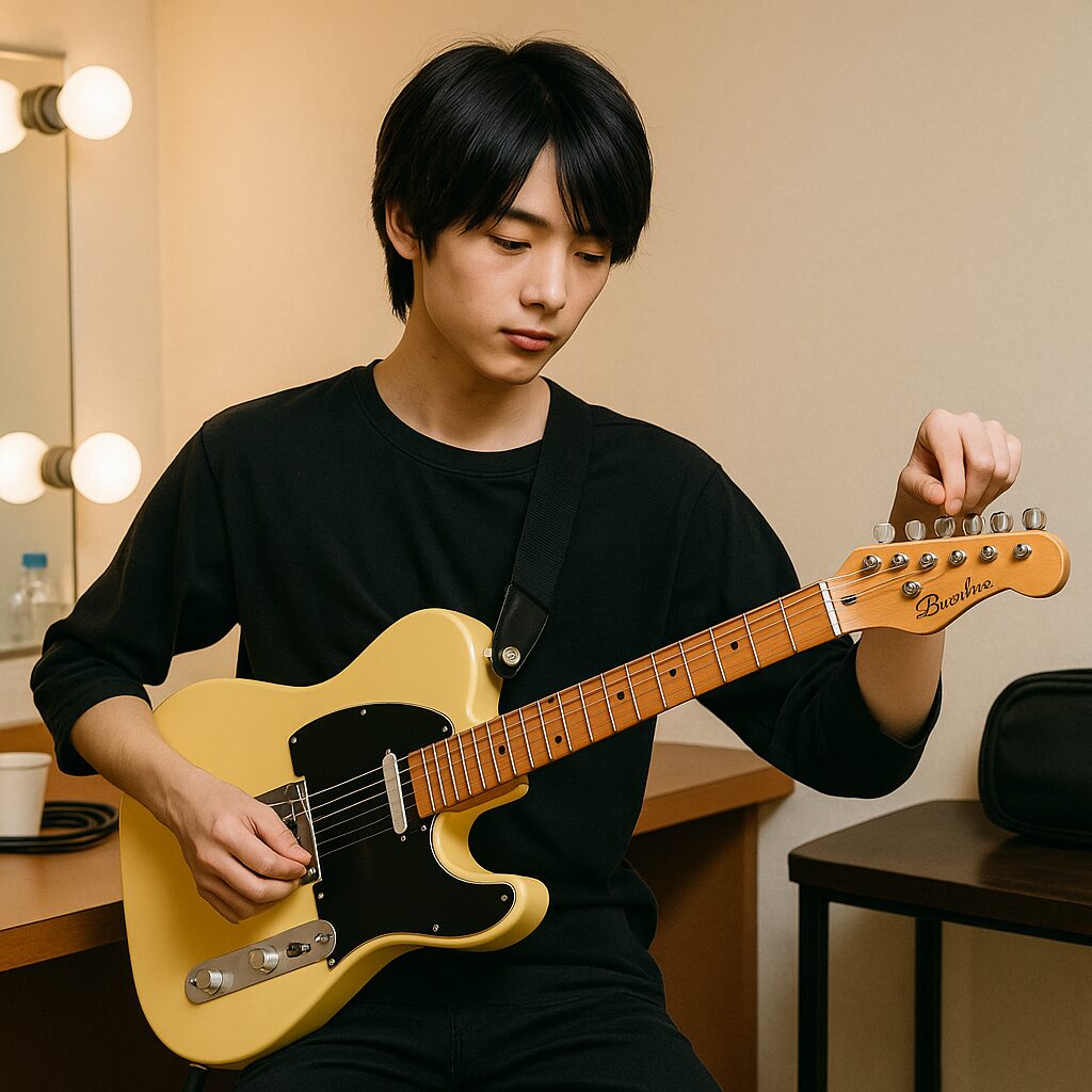 楽屋でバッカステレキャスターを調整する日本人男性。落ち着いた表情でチューニングを行い、鏡付きのドレッサーと控えめな照明が背景にある。