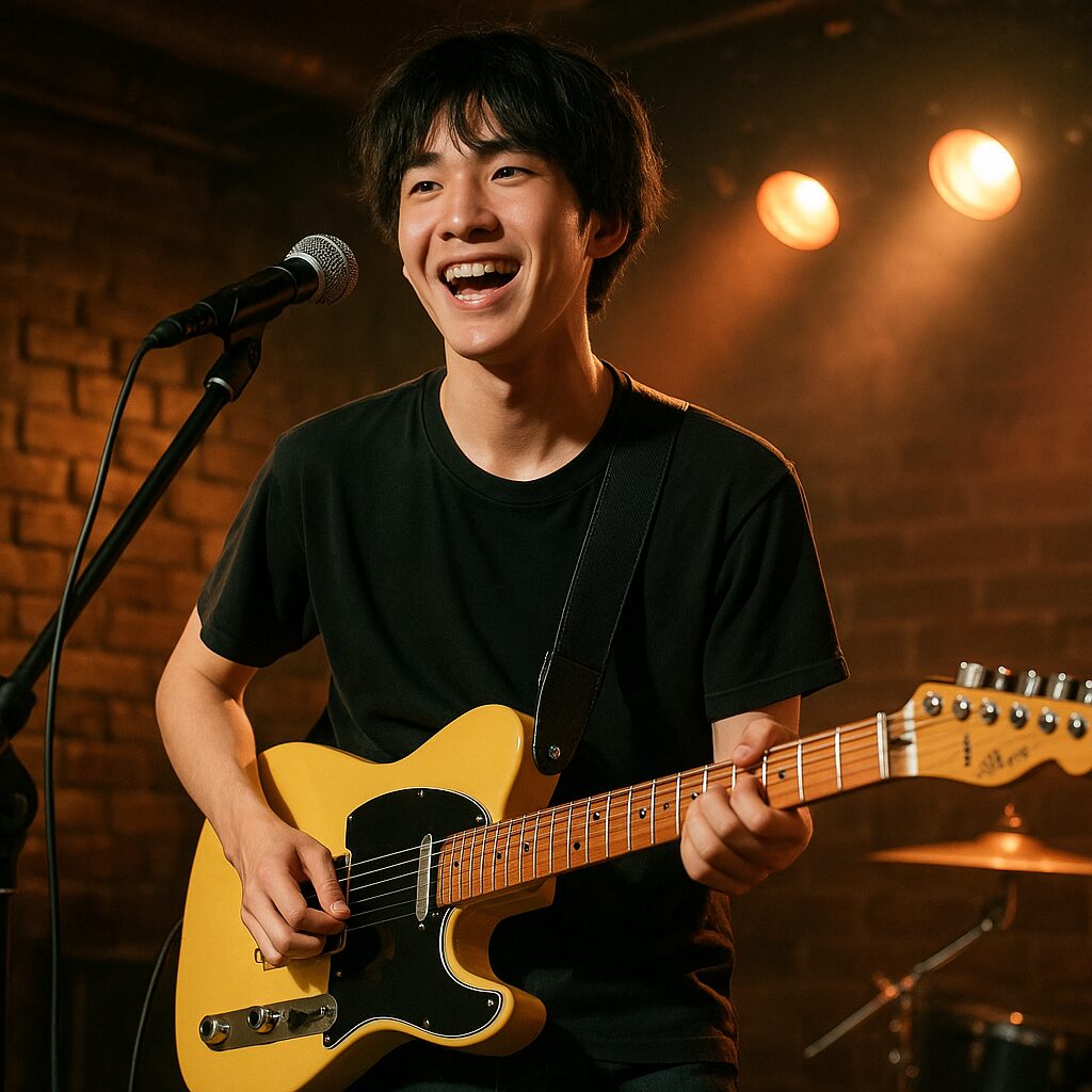 狭いライブジムでバッカステレキャスターを演奏する日本人男性。初ライブに緊張しながらも笑顔で演奏を楽しむ様子が、温かい照明とレンガの壁を背景に映し出されている。