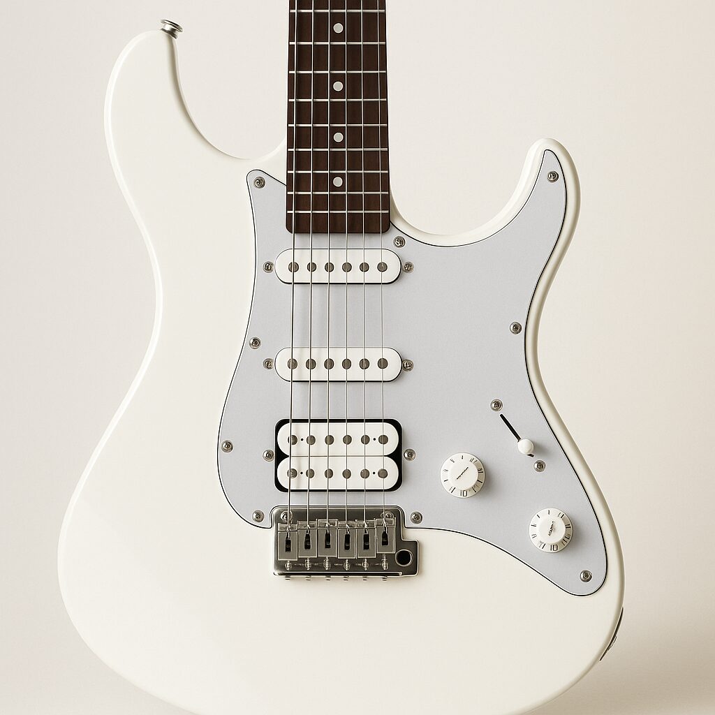 「Yamaha Pacifica012のボディ部分をクローズアップした高解像度画像。ピックアップやコントロール部が鮮明に描写されている。