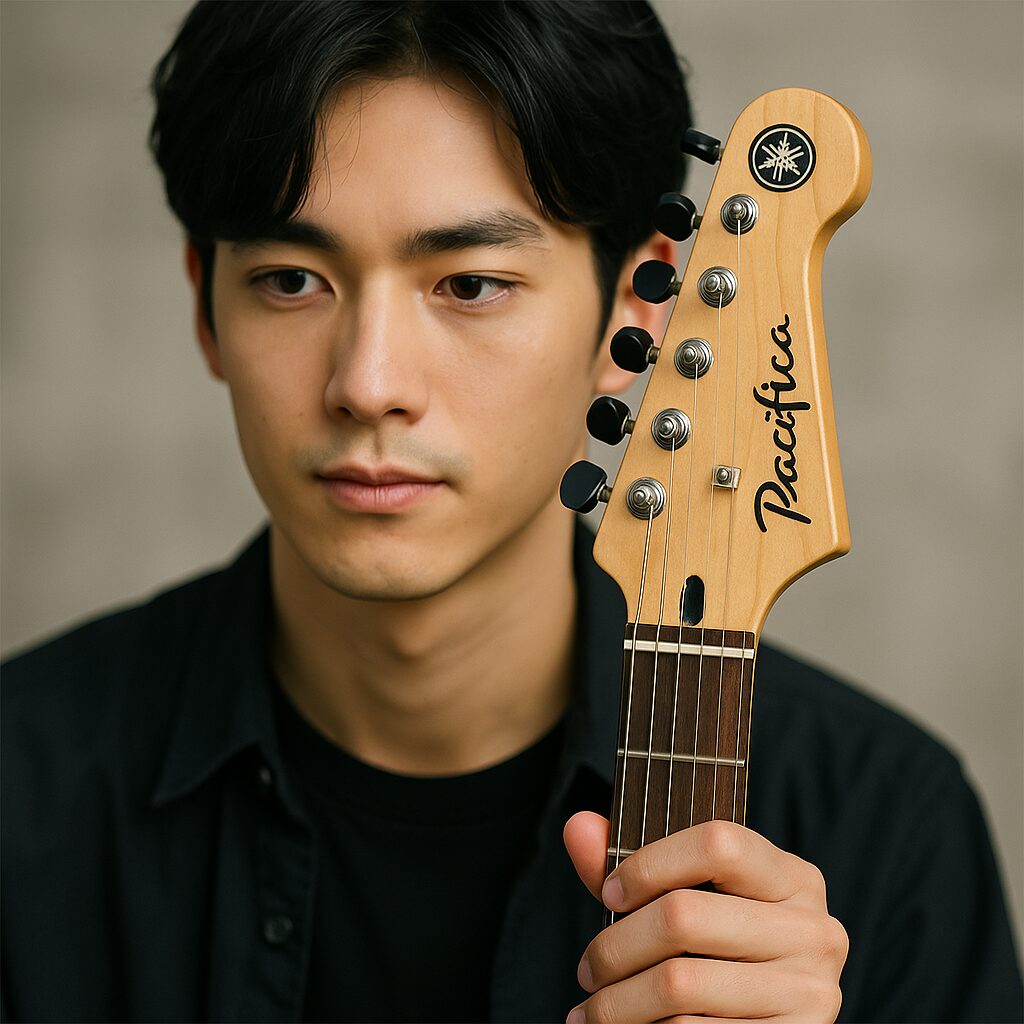 「若い日本人男性がエレキギターを構えている姿。ギターのヘッド部分に焦点が当たり、演奏準備の様子が伝わる。