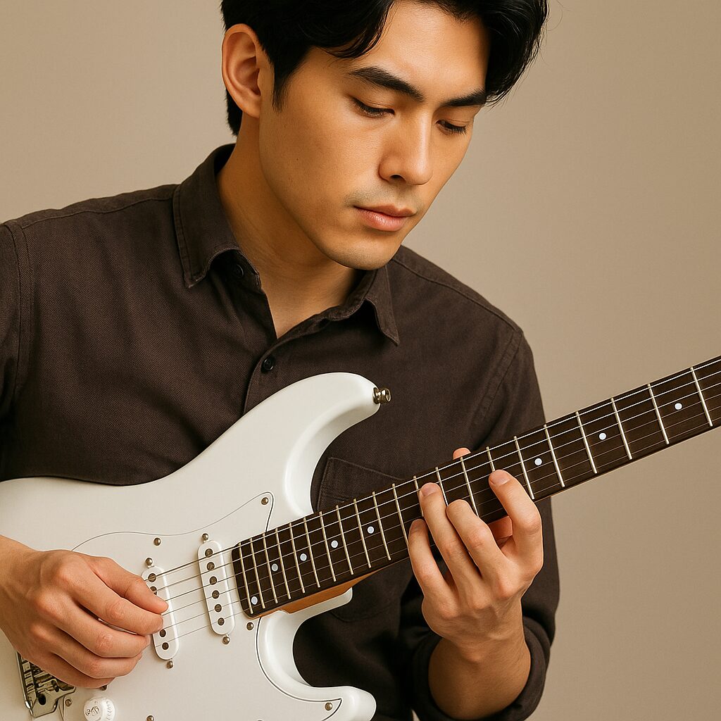 日本人男性がYamaha Pacifica012を演奏している場面。ギター全体ではなく演奏中の手元とボディ周辺が切り取られている。