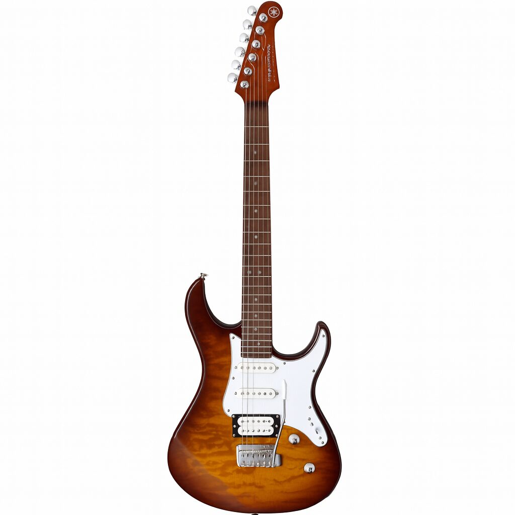 ヤマハ パシフィカ212VQMのエレキギター。キルテッドメイプルトップとサンバーストカラーが特徴で、HSSピックアップとローズウッド指板を備えたモデル。