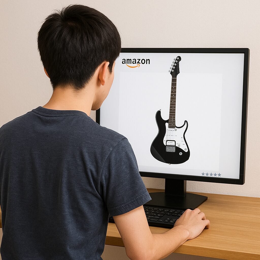 パソコンの前に座り、Amazonの通販サイトでヤマハ パシフィカ212のブラックモデルを購入しようか悩んでいる20歳前後の日本人男性を後ろ姿から描いたイラスト。椅子に座り前傾姿勢で画面を見つめる姿が描かれている。
