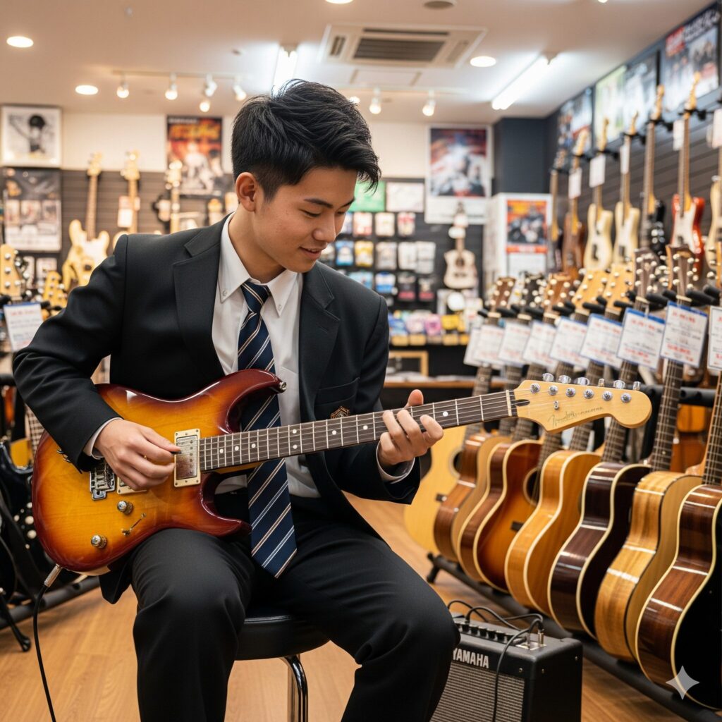 楽器店内で、椅子に座り、日本の制服を着たハンサムな男子高校生が、サンバースト色のヤマハパシフィカ212エレキギターを試奏している。彼は右手にピックを持ち、左手はギターのフレットボードに置かれている。背景には他の楽器や音楽アクセサリーが見える。