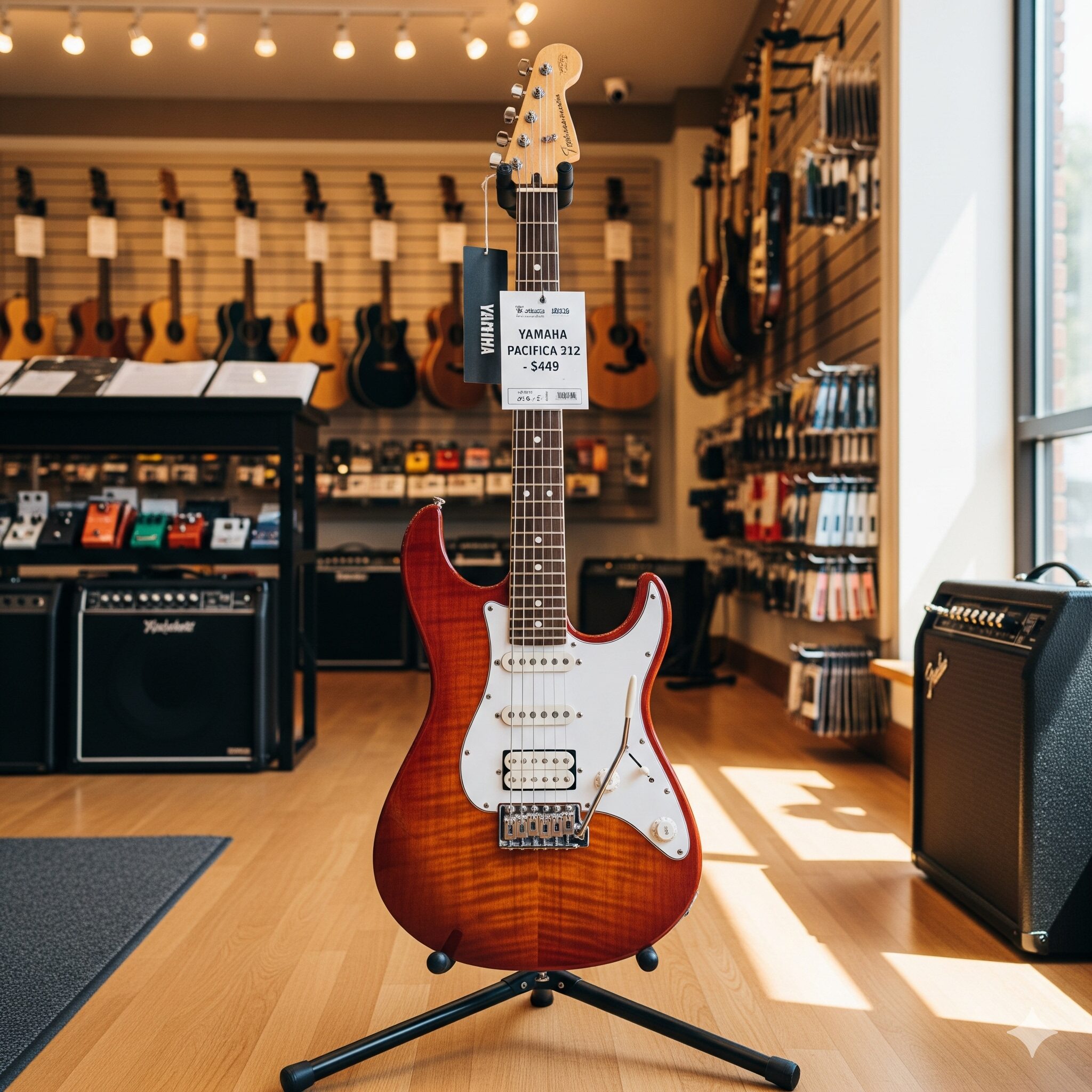 チェリーサンバーストのYAMAHA Pacifica 212エレキギターが、木製の床がある楽器店の真ん中に立っている黒いギタースタンドに立てられています。背景には、他のギターが壁にかけられていたり、アンプや楽譜などの様々な音楽アクセサリーが置かれています。