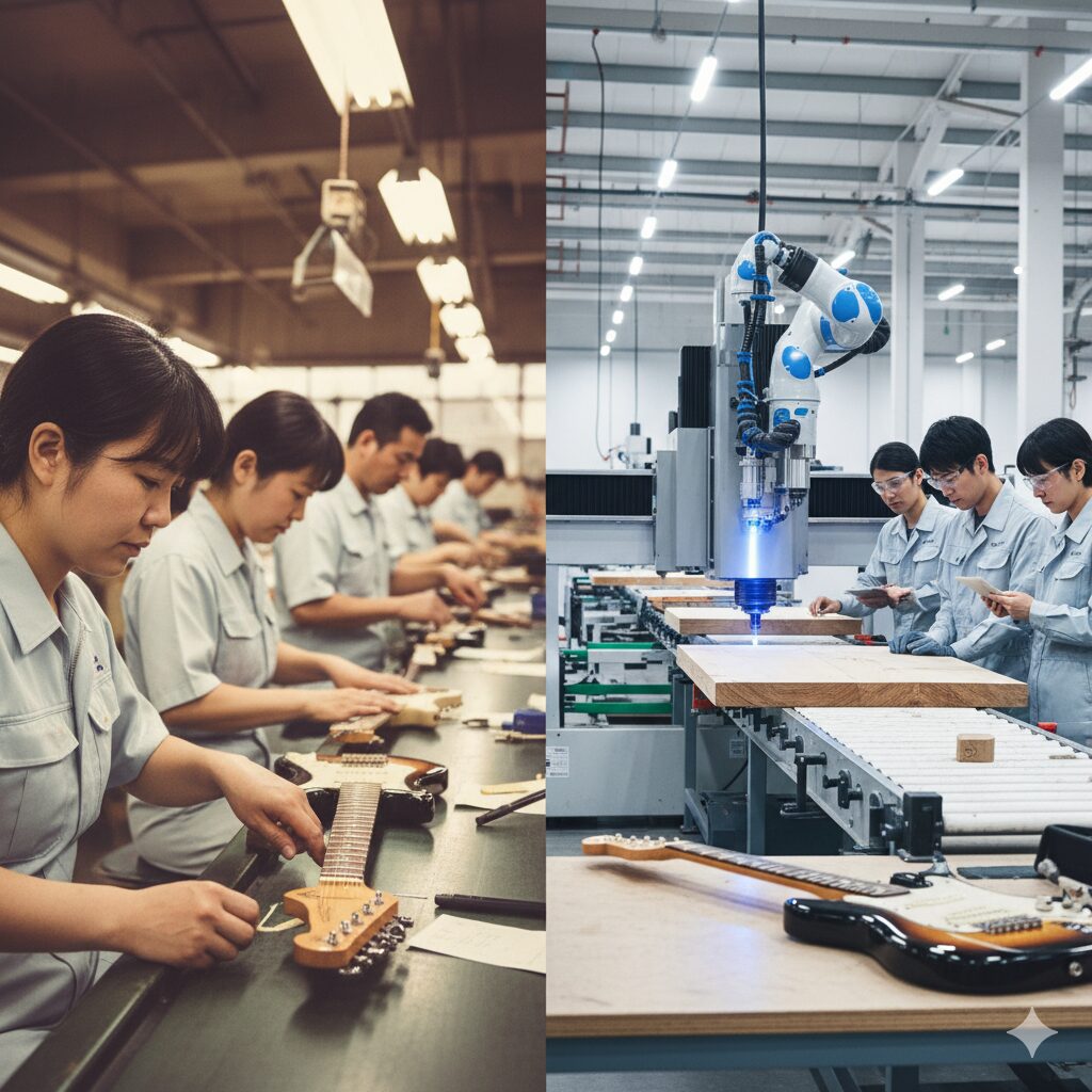 左側では、アジア系の女性たちが手作業でギターのパーツを組み立てている様子。右側では、クリーンな現代的な工場内で、ロボットアームが木材を加工し、アジア系の技術者たちがそれを監督している様子を組み合わせた画像。
