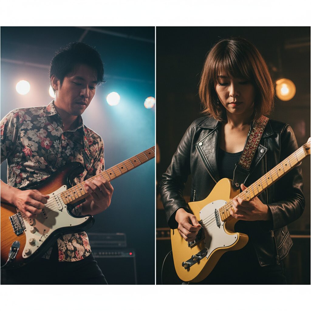 左側では、ステージ上でストラトキャスターを演奏しているアジア系の男性ギタリスト。右側では、ステージ上でテレキャスターを演奏しているアジア系の女性ギタリストの様子を組み合わせた画像。