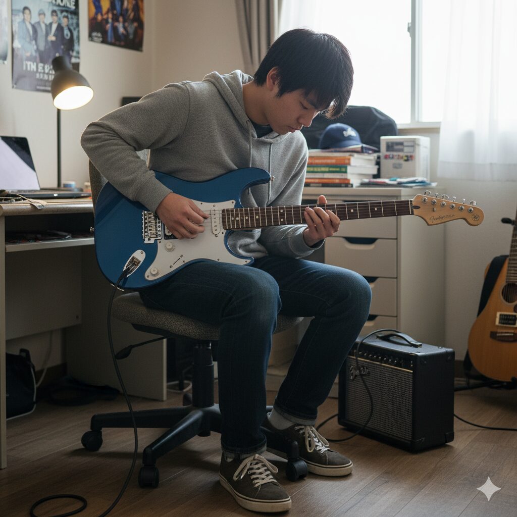 自室で青いヤマハ・パシフィカギターを演奏している高校生くらいの日本人男性。机やポスターが見える部屋で、彼はヘッドホンを装着して練習に集中している様子だ。