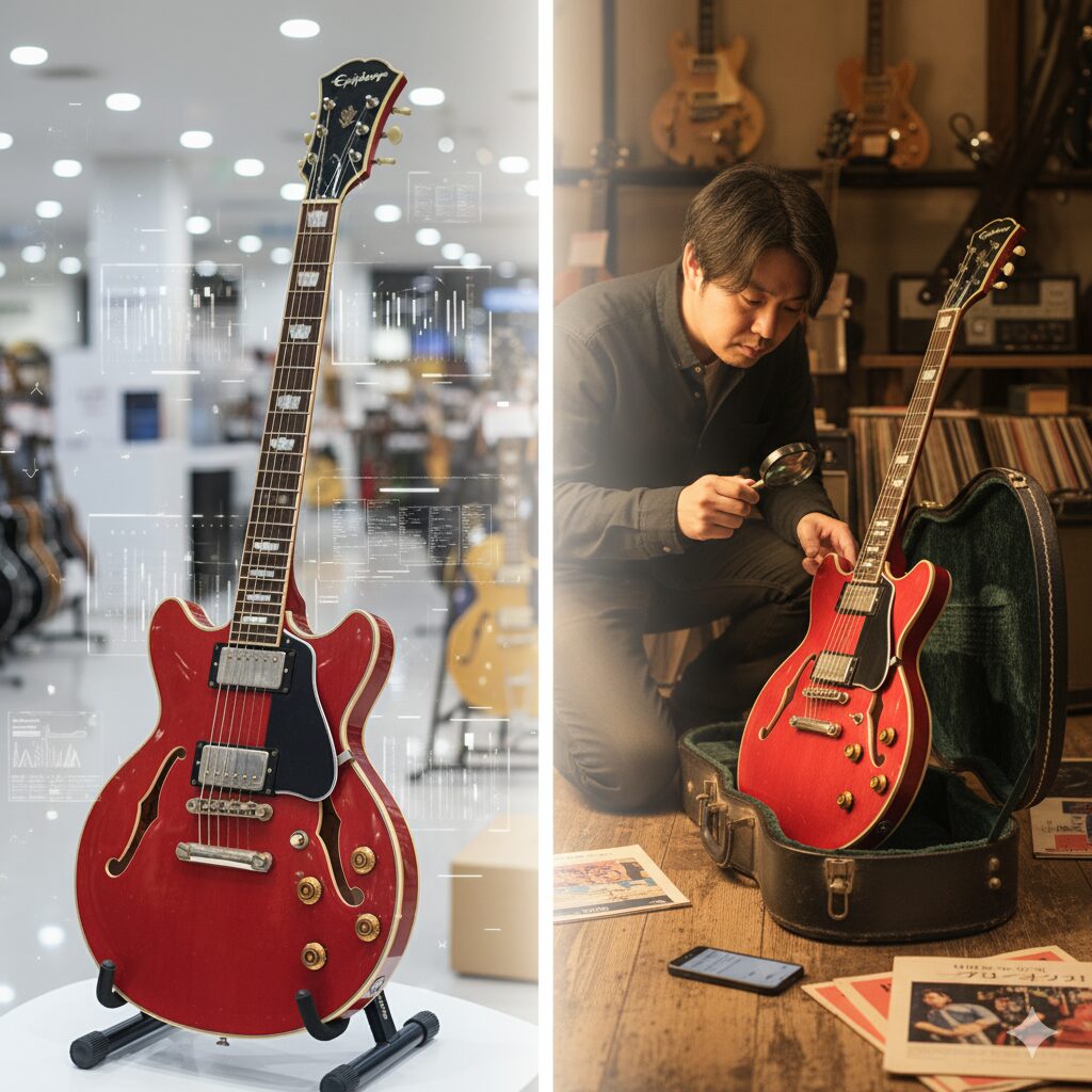 エピフォンカジノクーペは生産終了した?: 左側には未来的なデータ表示が重なるエピフォン・カジノクーペの画像があり、右側にはルーペを使って中古のギターを鑑定している日本人男性の画像がある。生産終了による希少性や中古品を探す状況を対比させている。