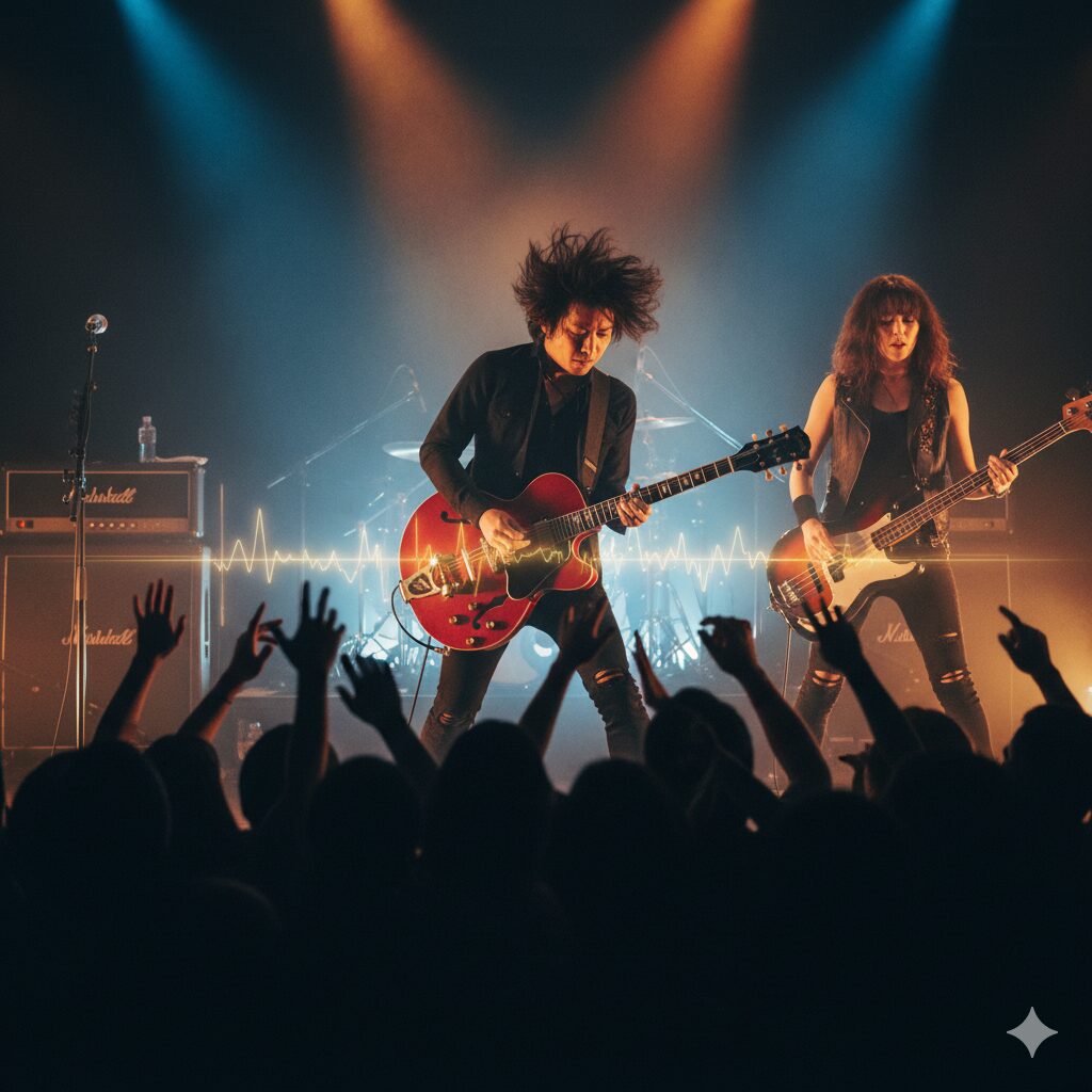 高いエピフォンカジノのロック適性: ライブステージで熱狂的な観客を前に、エピフォン・カジノクーペを演奏する日本人ギタリストと日本人ベーシストのバンド。ギタリストのギターからは音の波形が光として表現され、ロックサウンドのエネルギーを象徴している。