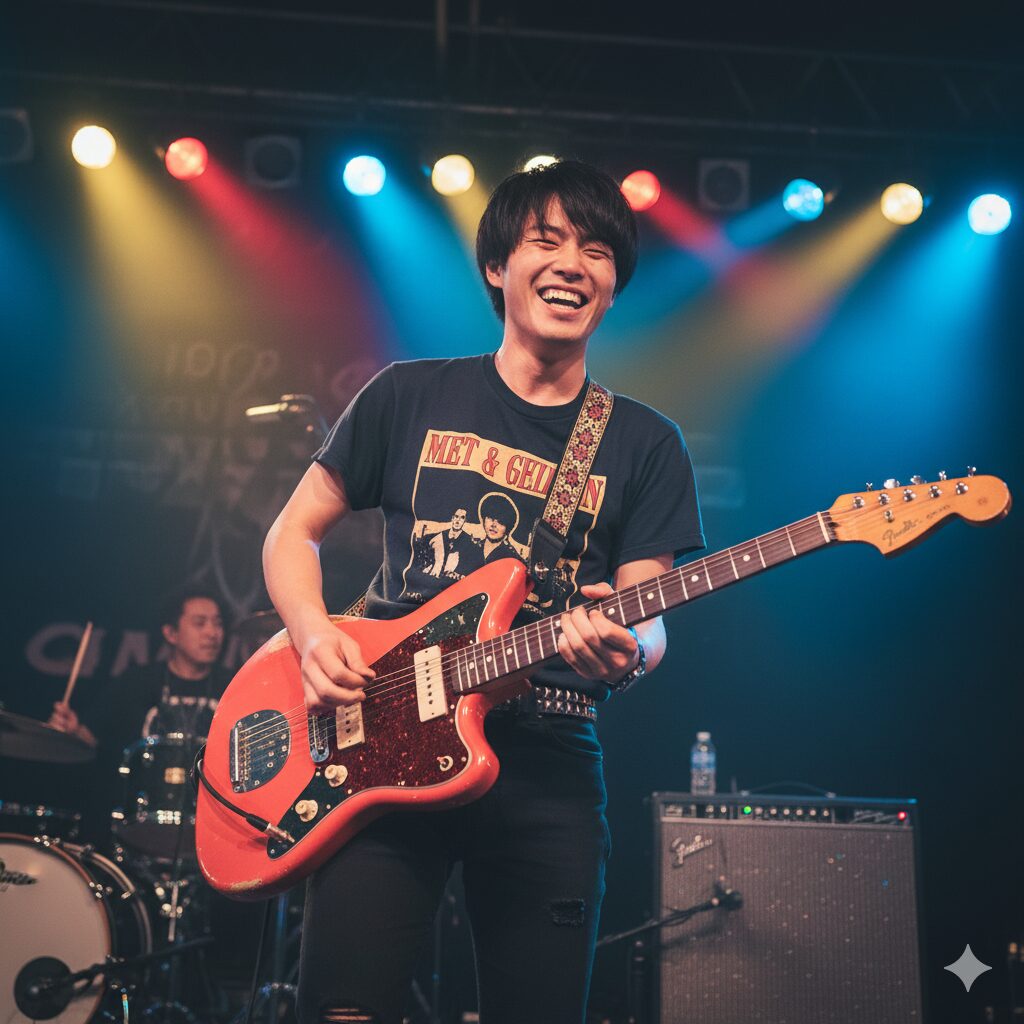 ライブステージの照明を浴びながら、若い日本人ギタリストが笑顔でスクワイヤーのジャズマスターを演奏している場面。