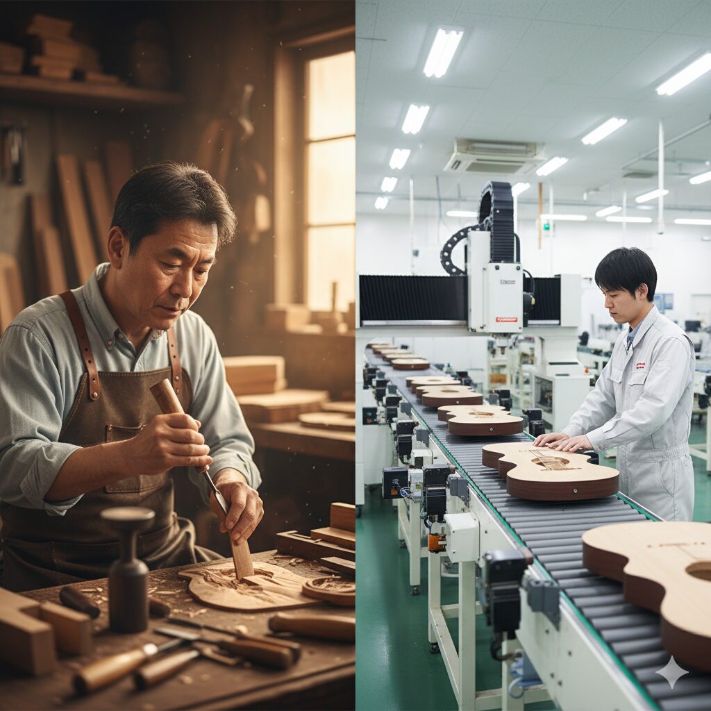 画面が左右に分割され、左側には木材を加工する日本の職人が手作業でギターを製作する伝統的な工房の様子、右側には日本の作業員が近代的な工場でEpiphoneギターのボディを検査する様子が対比的に描かれています。