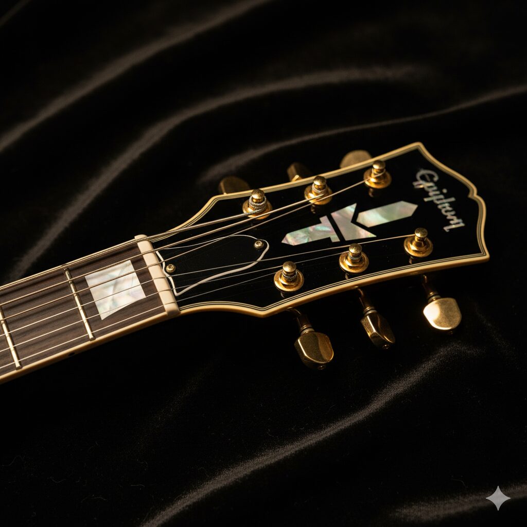 高級感のある黒いベルベットを背景に、「Inspired by Gibson Custom」モデルのヘッド部分をクローズアップした写真。本家と同じオープンブック・ヘッドストックの形状と、輝くマザーオブパールのインレイが強調されています。
