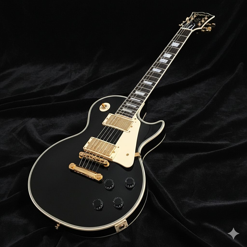 製品ラインナップの階層を示すピラミッド型のシンプルな図。下層に「Entry-Level Models」、中層に「Original / Inspired by Gibson」、頂点に「Inspired by Gibson Custom / Artist Models」という文字が配置され、各階層を象徴するギターのシルエットが描かれています。