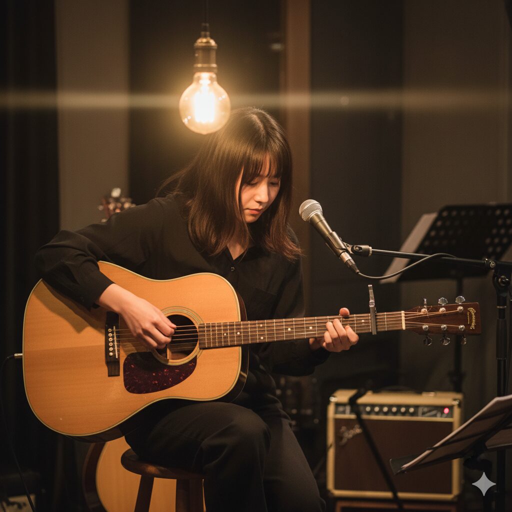 温かい照明のカフェまたはライブハウスで、日本のシンガーソングライターが「Epiphone J-45」を抱えて弾き語りをしているシーン。マイクスタンドやアンプが周囲に置かれ、演奏中の雰囲気が伝わります。