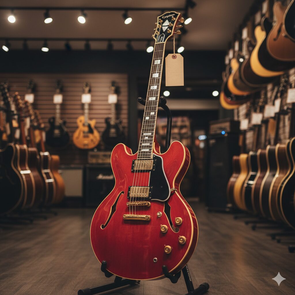 信頼できる楽器店の店内で、ギタースタンドに立てかけられた美しい状態の赤い「Epiphone ES-355」。ネック部分には値札のような空白のタグが下がっており、中古市場での存在感と価値が伝わる雰囲気です。