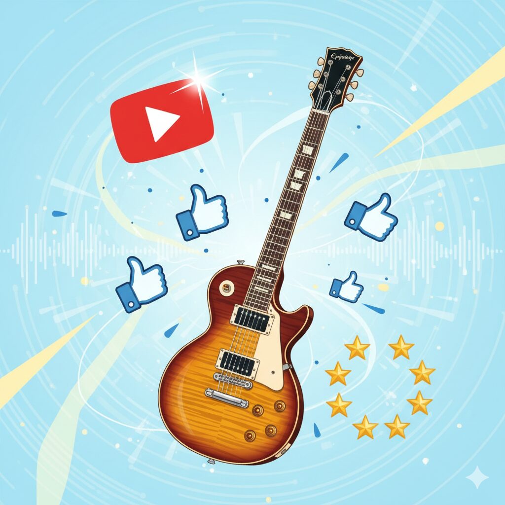 Epiphoneギターが中央に配置され、YouTubeの再生マーク、SNSの「いいね」アイコン、5つ星評価が周囲に浮かぶポップなイラスト。明るい水色の背景に、ポジティブな評判を示す要素が散りばめられています。