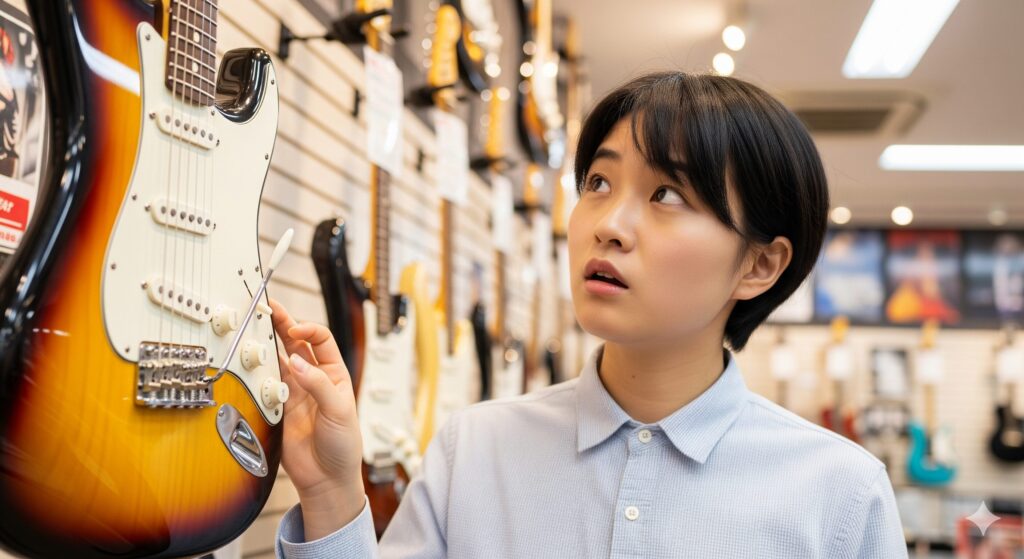 ギターショップでストラトキャスター型のギターを見上げる日本の若い女性。