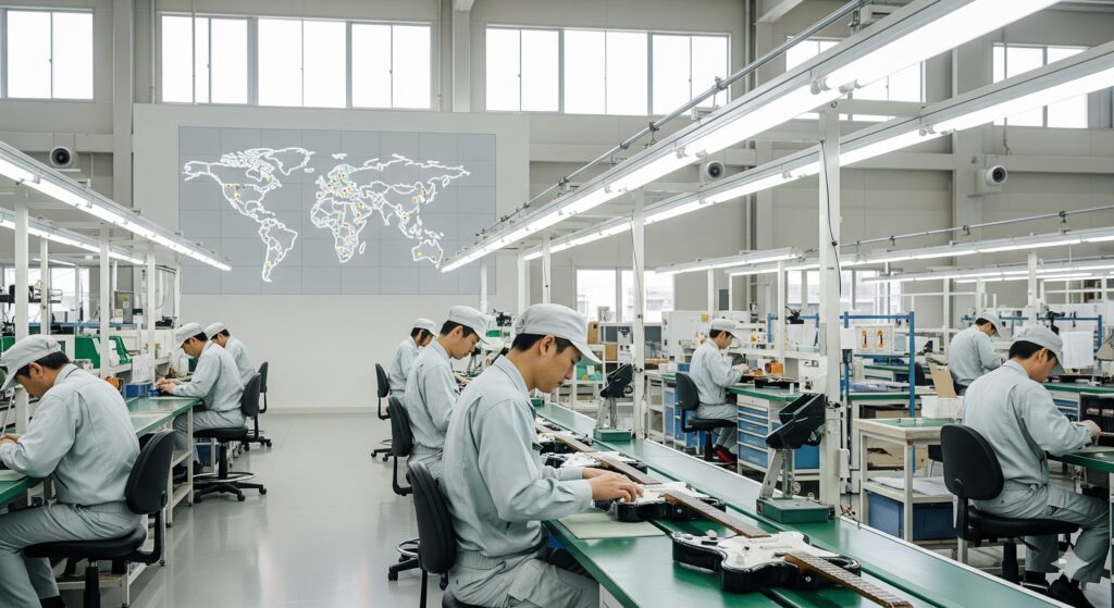 ギター工場で作業する日本の職人たち。