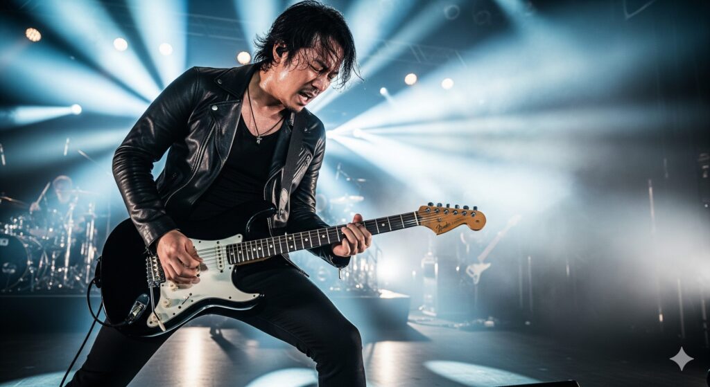 ステージ上でスポットライトを浴びながらスクワイヤーのギターを演奏するプロの日本のギタリスト。