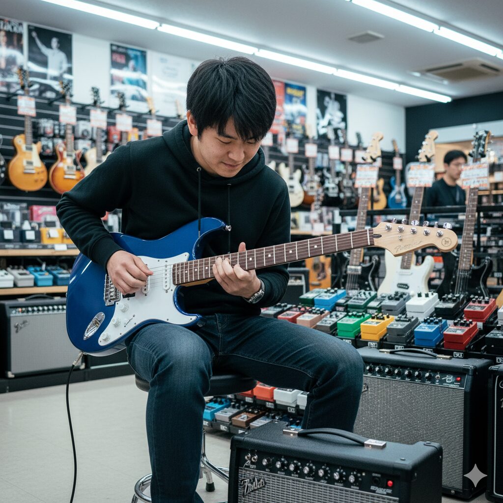 黒いパーカーとジーンズを着用した高校生くらいの日本人男性が、楽器店で青いヤマハ・パシフィカ112Vを椅子に座って試奏している。彼は集中した表情でギターのネックを見つめ、指を動かしている。彼の前には小型のギターアンプがあり、周囲にはたくさんのギターエフェクターや他のギターが陳列されている。店内には他の客もいるようだ