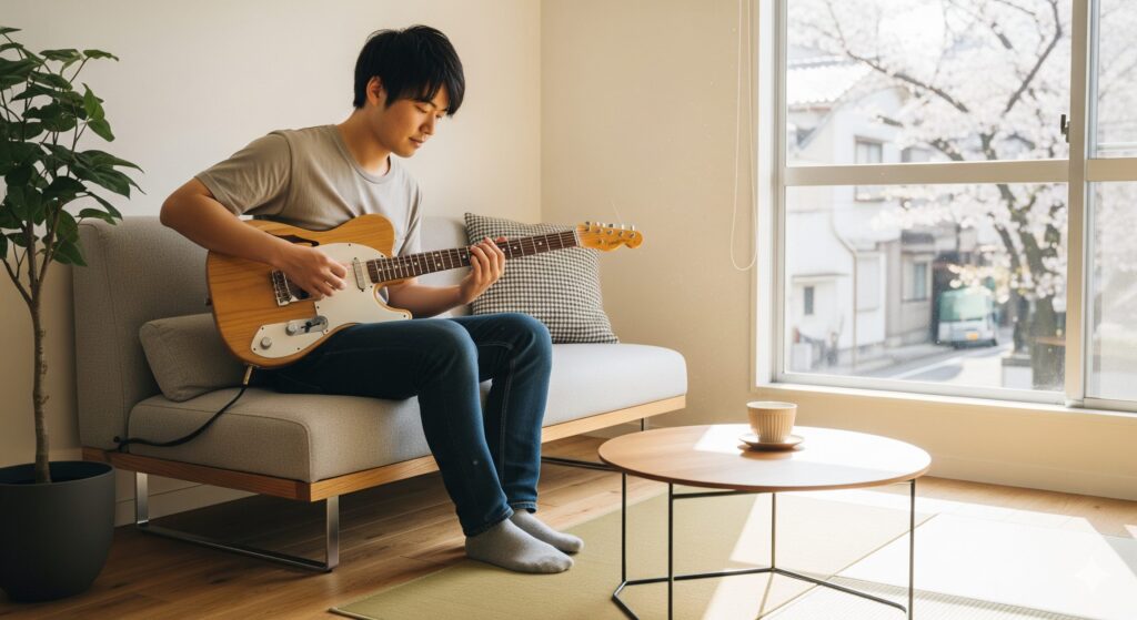 自宅の静かなリビングで、アンプラグドでテレキャスター・シンラインを弾いて練習する若い日本人男性。