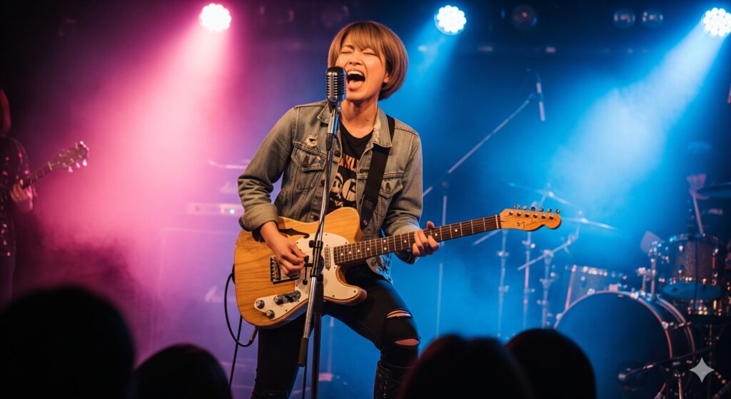 ライブハウスのステージで、テレキャスター・シンラインを演奏しながらマイクに向かって情熱的に歌う若い日本人女性アーティスト。